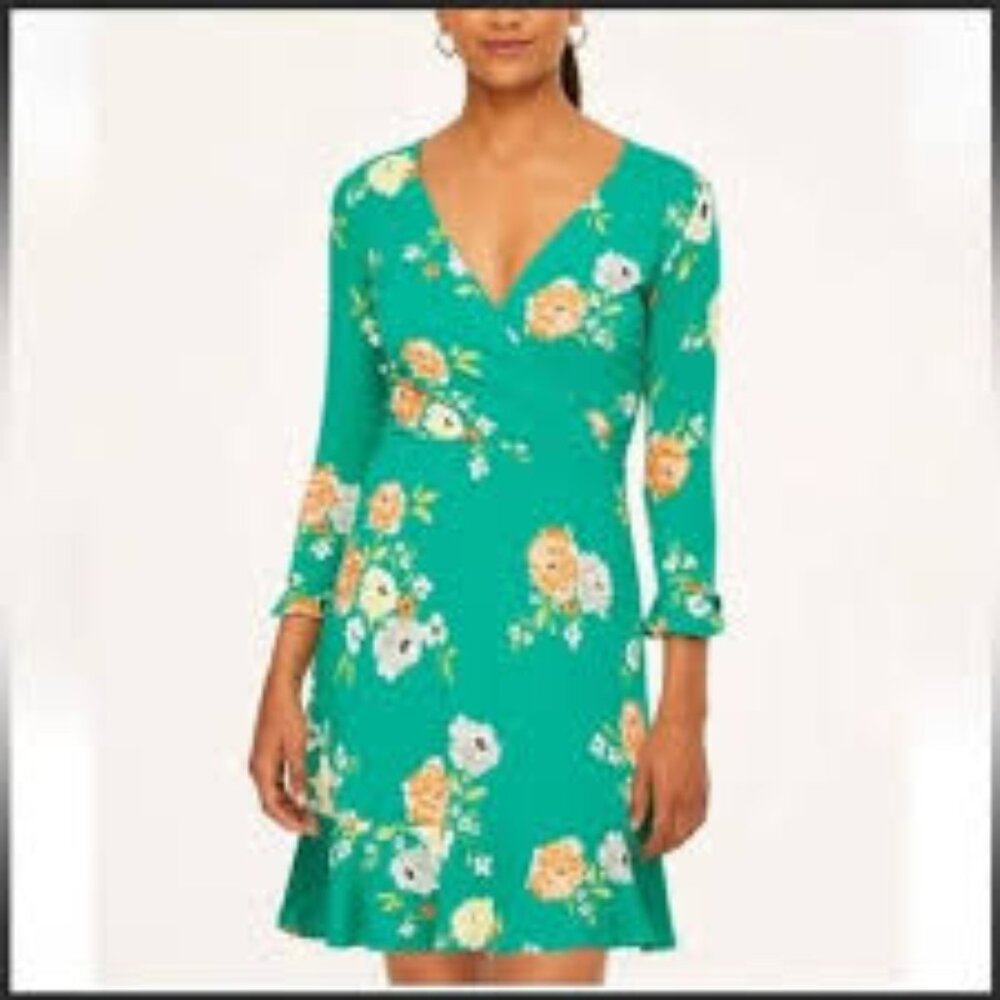 NWTS Loft Green Floral Faux Wrap front Soft Lightweight Dress Size 10